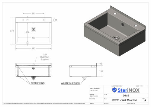Dimensioned drawing for a Wall Mounted Sink B1201 made from Stainless Steel.
