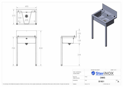 Bucket sink with legs dimensioned drawing.
