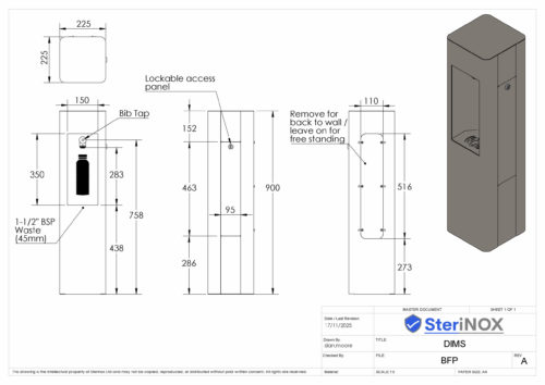 Dimensioned drawing for stainless steel floor standing.