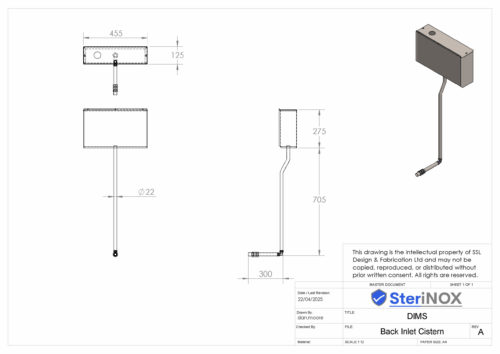 Dimensioned drawing for Cistern For Urinal Stainless Steel Back Inlet.