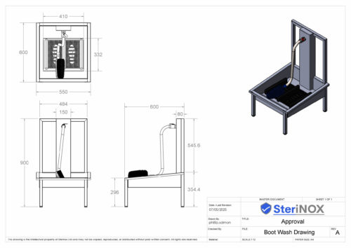 Dimensioned drawing for a Stainless Steel boot wash.