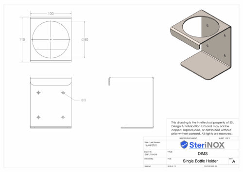 Dimensioned drawing for single bottle holder wall mounted.
