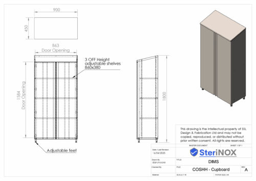 Dimensioned drawing for COSHH Cupboard.