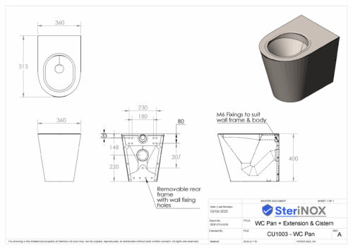 Dimensioned drawing for a WC Pan made from Stainless Steel. Ideal for custodial or secure enviroments.