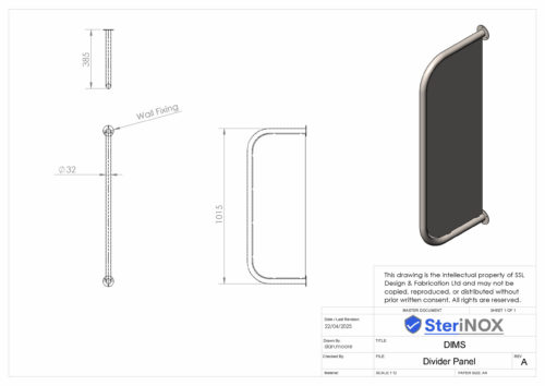 Dimensioned drawing for Urinal Divider Stainless Steel.