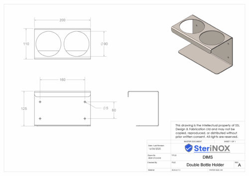Dimensioned drawing for double bottle holder wall mounted.