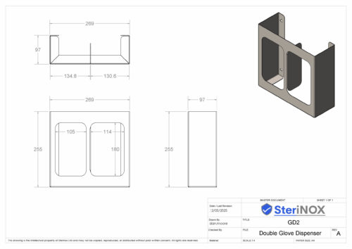 Dimensioned drawing for a Double Glove Dispenser made from Stainless Steel.