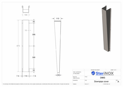 Dimensioned drawing for a Urinal Downpipe Cover made from Stainless Steel.