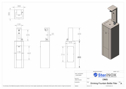 Dimensioned drawing for floor standing with bottle filler.