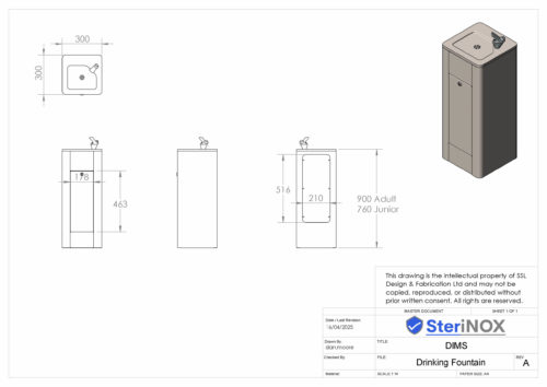 Dimensioned drawing for a floor standing drinking fountain.