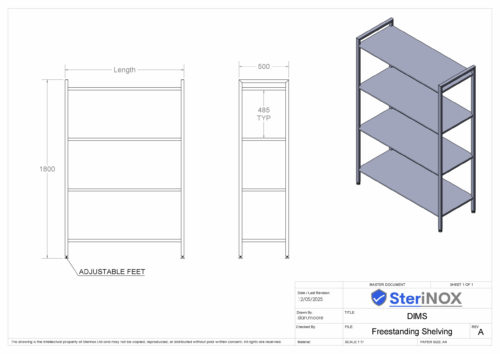 Dimensioned drawing for freestanding shelving made from Stainless Steel.