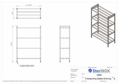 Dimensioned drawing for freestanding Slatted shelving made from Stainless Steel.