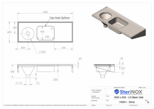 Dimensioned drawing for a stainless steel Sluice Sink.