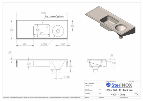 Dimensioned drawing for a stainless steel Sluice Sink.