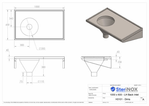 Dimensioned drawing for a stainless steel Sluice Sink.