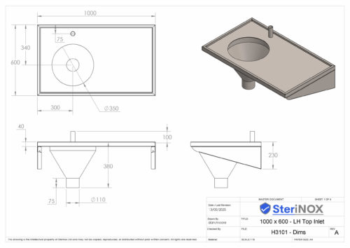 Dimensioned drawing for a stainless steel Sluice Sink.