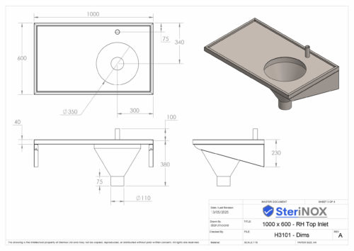 Dimensioned drawing for a stainless steel Sluice Sink.