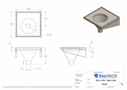 Sluice sink dimensioned drawing.