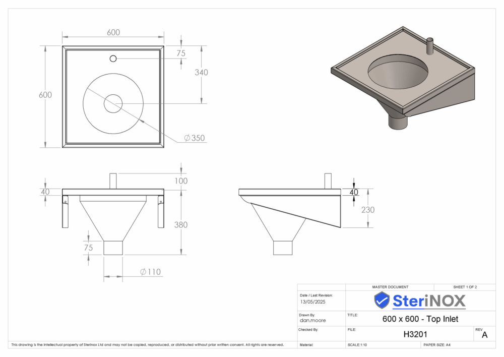 Security Sinks Sluice Sink 600 x 600 - Stainless Steel - Sterinox