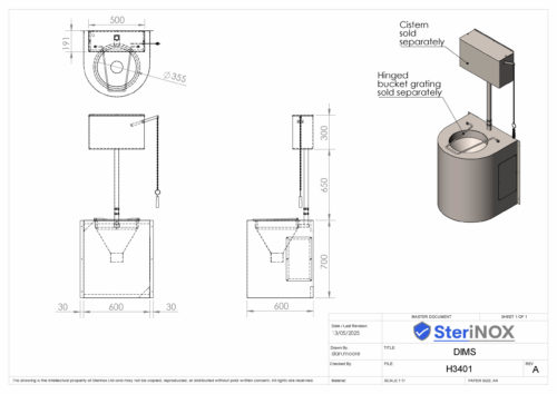 Dimensioned drawing for Sluice Sink Floor Standing. Made from Stainless Steel.