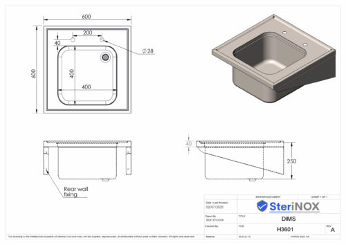 Dimensioned drawing for a Wall Mounted Sink