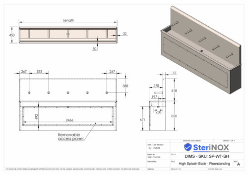 Technical drawing of a High Splash Back Wash Trough Shroud with detailed dimensions, showing front, side, and top views for installation and specification purposes.