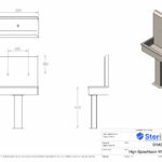 Dimensioned drawing for a Stainless Steel high splash back wash trough with pedestal.