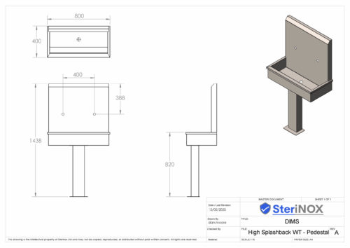 Dimensioned drawing for a Stainless Steel high splash back wash trough with pedestal.