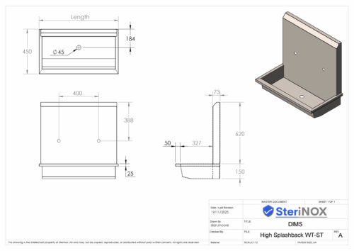 Dimensioned drawing for a Stainless Steel high splash back wash trough.
