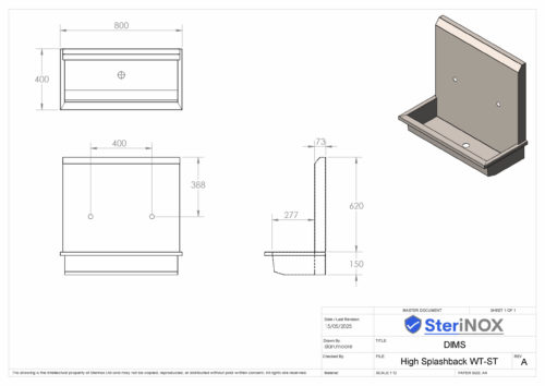 Dimensioned drawing for a Stainless Steel high splash back wash trough.