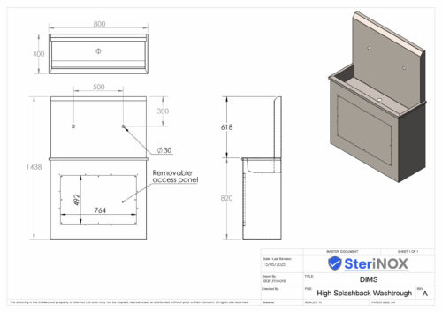Dimensioned drawing for a Stainless Steel high splash back wash trough with access panel.