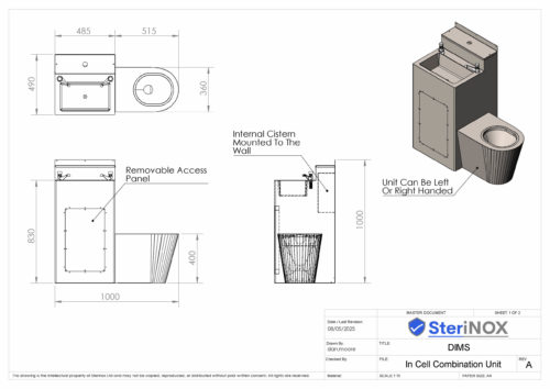 Dimensioned drawing for an In cell Combination Unit made from Stainless Steel.