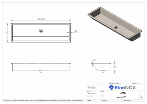 Dimensioned drawing for inset washtrough made from stainless steel.