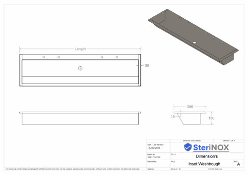 Dimensioned drawing for inset washtrough made from stainless steel. With tap landing.