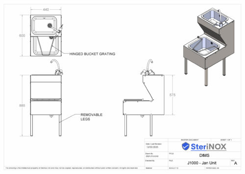 Dimensioned drawing for a Janitorial Sink and Basin made from Stainless Steel.
