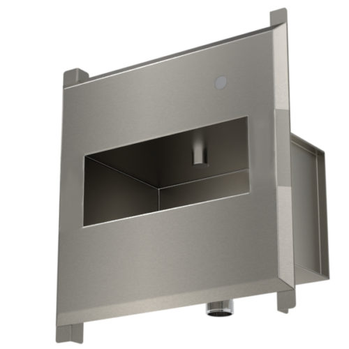 wall recessed hand rinse unit stainless steel with push button.