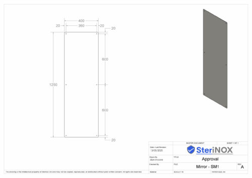 Dimensioned drawing for a Stainless Steel Mirror.