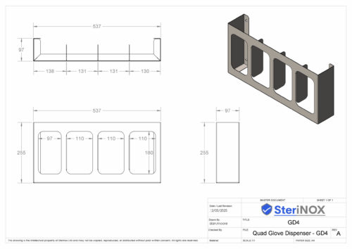 Dimensioned drawing for a quad Glove Dispenser made from Stainless Steel.