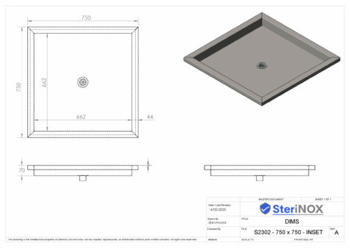 Dimensioned drawing for a Low Profile Recessed Shower Tray.