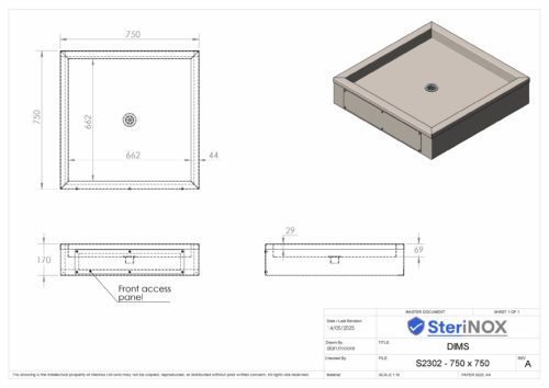 Dimensioned drawing for a Floor Standing Profile Recessed Shower Tray. Made from Stainless Steel.