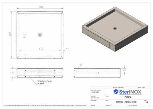 Dimensioned drawing for a Floor Standing Profile Recessed Shower Tray. Made from Stainless Steel.