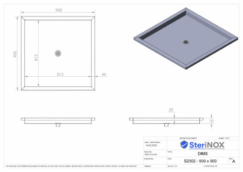 Dimensioned drawing for a Low Profile Recessed Shower Tray.
