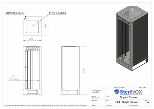 Dimensioned drawing for a Single Shower Cubicle. Made from Stainless Steel.
