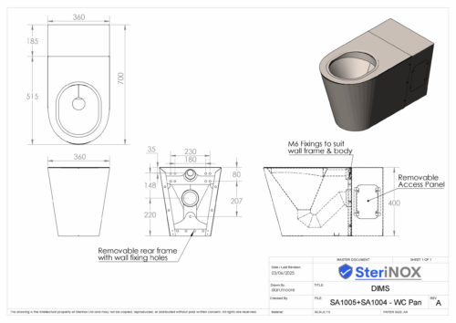 Dimensioned drawing for a WC Pan with extension made from Stainless Steel.