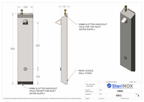Dimensioned drawing for a Shower Box. Made from Stainless Steel.