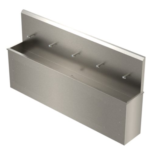 Stainless steel wash trough with a high splashback shroud, designed to protect walls from water splashes in commercial or industrial washroom settings