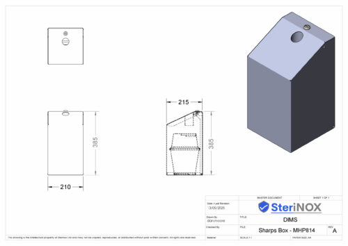 Dimensioned drawing for a Sharps Box made from Stainless Steel.
