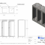 Dimensioned drawing for a triple Shower Cubicle. Made from Stainless Steel.