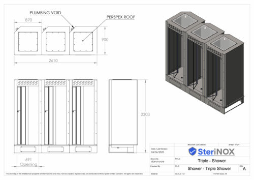 Dimensioned drawing for a triple Shower Cubicle. Made from Stainless Steel.