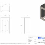 Dimensioned drawing for a Single Glove Dispenser made from Stainless Steel.